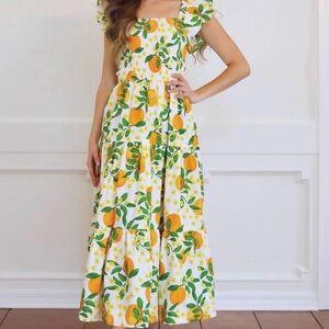8 OAK LANE Sz M Orange Grove Smocked Tiered Dress Cotton Flutter Sleeve